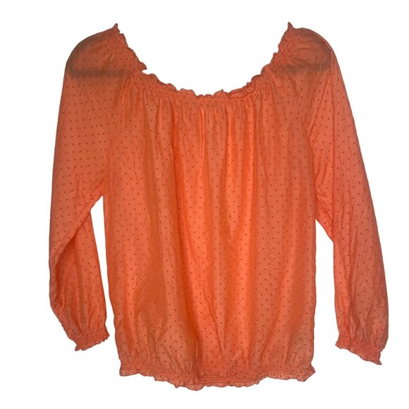 Joe Fresh Cotton Silk Top M Orange Polka Dot 3/4 Sleeve Off-Shoulder - Picture 1 of 13